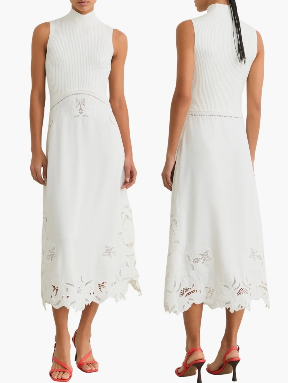 REISS White Phoenix Knit Woven Embroidered Eyelet Midi Dress